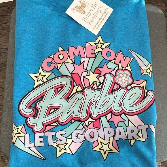 Come On Barbie Lets go Party NEW light blue short sleeve shirt - Picture 2 of 3